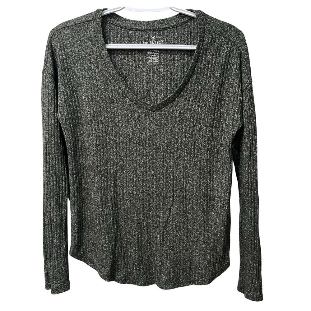 American Eagle Soft & Sexy Ribbed Long Sleeve V-Neck Top Green Small - Picture 3 of 7